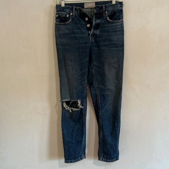 Everlane Button Fly Medium Blue Distressed “ The 90’s Cheeky Jean”  Cropped  33 - Picture 1 of 8